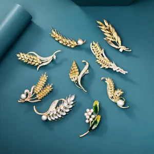 Elegant Alloy Rhinestone Wheat Ear Brooch For Women Gold Color Artificial Pearl Plant Leaf Lapel Pin Suit Corsage Fashion Jewelry