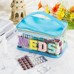 Sac de maquillage de voyage en PVC transparent portable avec lettres MEDS, grand rangement.