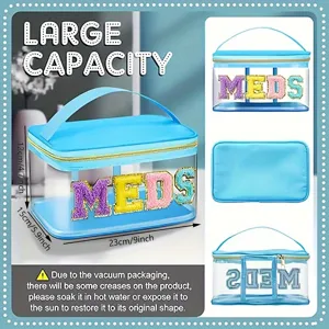 Grand sac de maquillage transparent en PVC avec des patchs de lettres colorées pour voyage.