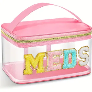 Trousse de toilette transparente en PVC avec lettres pailletées colorées pour voyage.