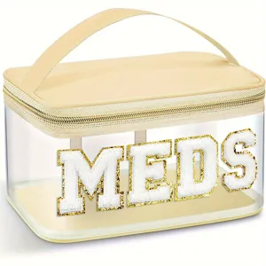 Trousse de maquillage en PVC transparent avec lettres MEDS, bordures en cuir pour voyage.