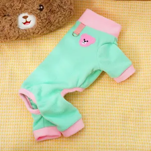 Cute pet fleece jumpsuit in mint green and pink, warm dog clothes with leash ring.