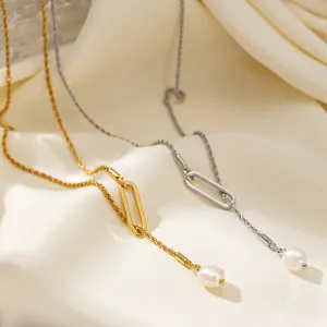 Vintage Brass Baroque Pearl Long Sweater Chain Necklace For Women Layered T-Buckle Gold Silver Plated Fashion Jewelry