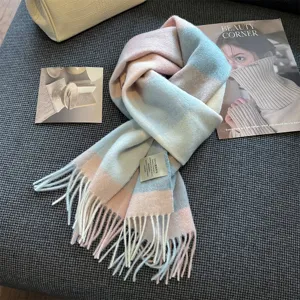 Cozy winter cashmere wool plaid scarf for women. Long warm tassel design, stylish daily wear.