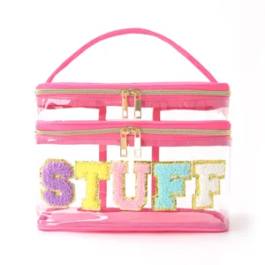 Bolsa de Aseo de PVC Transparente de Doble Capa Organizador de Maquillaje de Viaje con Bordado de Letras