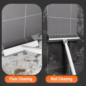 Long handle floor cleaning brush with rotating head for bathroom tiles and wall stain scrubbing.