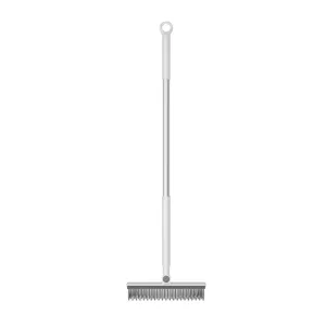 Long handle floor brush for bathroom tile cleaning, standing cleaning tool with scraper head.