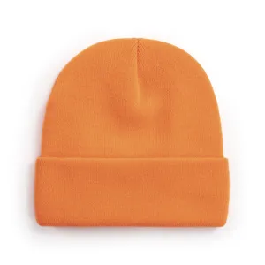 Close-up detail of the vibrant orange knit beanie showing fine texture and cuffed design.