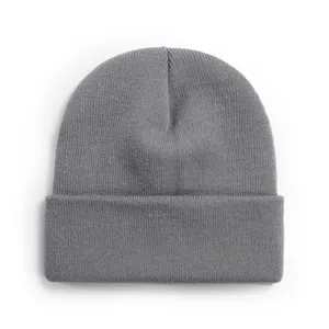 Close-up detail of the solid grey knit beanie, showing soft texture and cozy cuffed design.