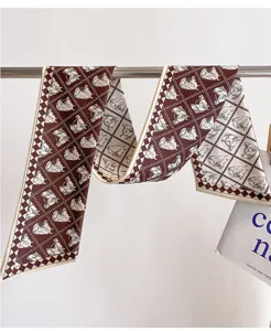 Luxury silk wool twilly scarf with elegant horse head print, narrow long design for women.