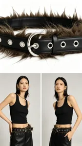 Unisex black leather belt featuring metal eyelets and trendy brown faux fur trim for winter street fashion.