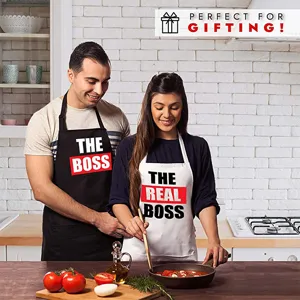 Tabliers de cuisine pour couple avec tour de cou, impression boss amusante, tissu polyester.