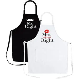 Ensemble tabliers de couple, tabliers de cuisine noirs et blancs avec poches, réglables.