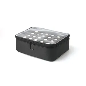 Black portable essential oil storage makeup bag with transparent lid for travel and daily use.