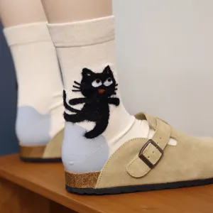 Calzini di cotone a metà polpaccio con gatto nero soffice 3D carino e design unico tacco.