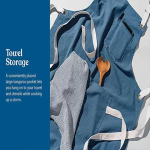 Blue cotton linen cooking apron with a large pocket and practical towel storage design for kitchen.