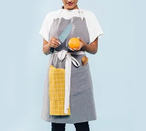 Cotton linen kitchen apron with cross back straps and pockets for cooking gardening work