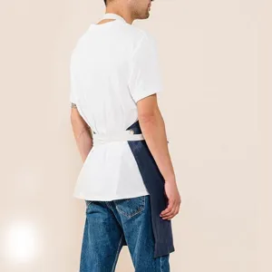 Breathable denim cotton linen work apron with cross back straps for kitchen cooking gardening.