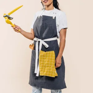 Cotton linen kitchen apron with cross back straps pockets for cooking baking gardening work