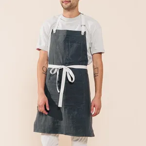 Cotton linen kitchen apron with pockets, adjustable straps, durable work apron for cooking.