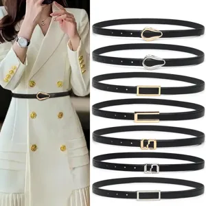 Cinturón fino mujer cuero negro hebilla metal minimalista elegante pantalón cintura set
