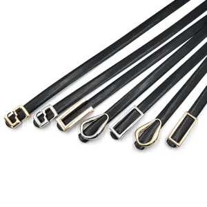 Vista detallada de finos cinturones de cuero negro para mujer con hebillas de metal.