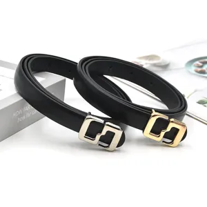 Cinturón fino de cuero negro para mujer con hebilla metálica elegante y diseño chic