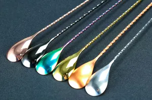 Stainless steel long bar spoon with a twisted handle for cocktail mixing and beverage prep.