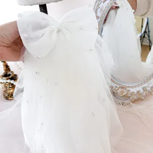 Voile de mariée pour animal mignon avec perles, nœud papillon en résille blanche.