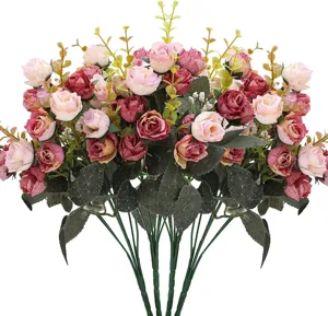 Künstlicher Seidenrosenstrauß Detail, 21 Köpfe herbstfarbene Blumen für Heimdekoration.