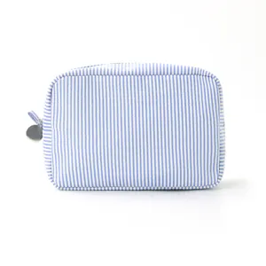 Blau-weiße gestreifte Seersucker Kosmetiktasche tragbare Reise Make-up Aufbewahrungstasche