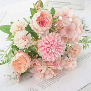 Bouquet di fiori artificiali rosa finta rosa ortensia decorazioni per la casa dettaglio