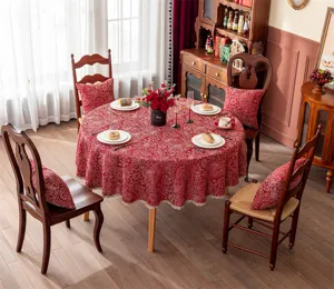 Nappe ronde jacquard rouge Nouvel An mariage festif dentelle dorée pour table à manger