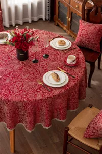 Nappe ronde jacquard festive rouge mariage dentelle dorée housse de table à manger tissu deco
