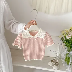 Toddler girls pink knit short sleeve top with white lapel and cute hollow out design.