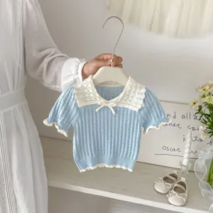 Girls knit short sleeve top with lace collar and sweet bow design for summer.
