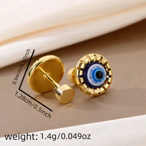 Gold evil eye stud earrings with secure screw back design, elegant daily jewelry for women.