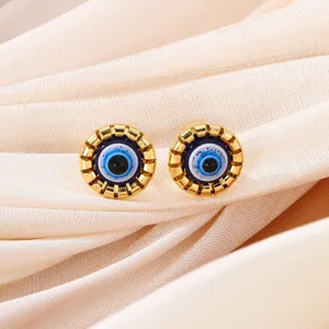 Exquisite gold-plated evil eye stud earrings with blue enamel, perfect for daily fashion wear.