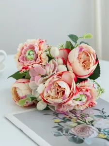 Artificial flower bouquet detail, pink peony arrangement for home decor and tabletop display.