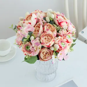 Artificial flower bouquet with glass vase pink peony rose table home decoration centerpiece