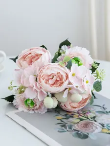 Artificial pink peony flower bouquet detail, elegant floral arrangement for home table decor.