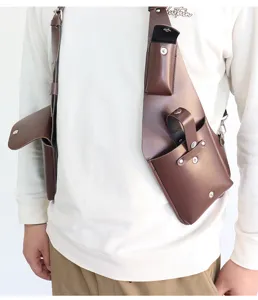 Retro PU leather double shoulder holster bag for men, stylish multi-pocket underarm design.