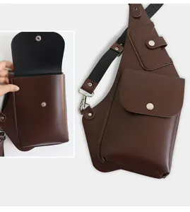 Brown PU leather shoulder holster bag detail, showing interior pocket and metal snap button.