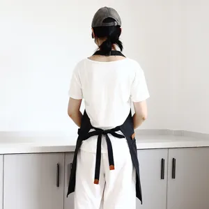 Tablier de Travail en Toile Bloc de Couleur Tour de Cou Réglable Cuisine Chef Barbier Uniforme de Café avec Plusieurs Poches
