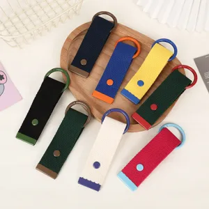 Detailansicht bunter Stoff-Gurtband-Schlüsselanhänger mit Metallringen für Taschen und Schlüssel.