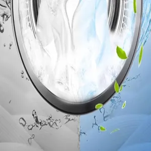 Washing machine drum cleaning tool detail graphic showing clean interior and water splash.