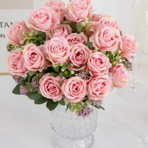 Artificial pink rose bouquet with clear glass vase for home decoration and wedding events