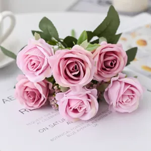Artificial pink rose bouquet faux floral arrangement for home decor table centerpiece wedding.