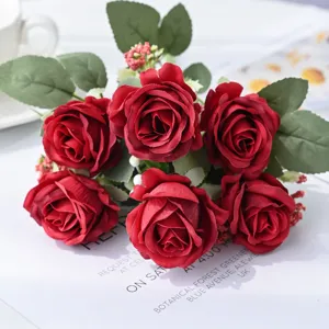 Artificial red roses bouquet fake silk flowers for home desktop wedding party decoration detail