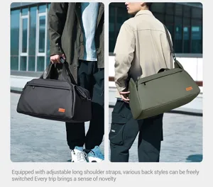 Detailed view of the large capacity travel duffel bag showcasing adjustable straps and style.